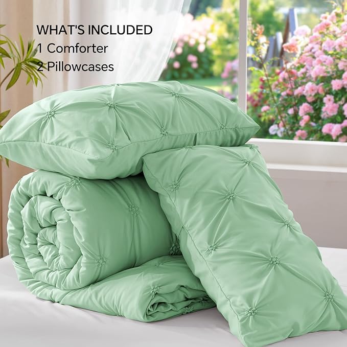 BEDELITE Sage Green King Size Comforter Set - 3 Pieces Boho Pintuck Bedding Comforter Sets, Lightweight Soft & Warm King Bedding Set with 2 Pillowcases for All Season