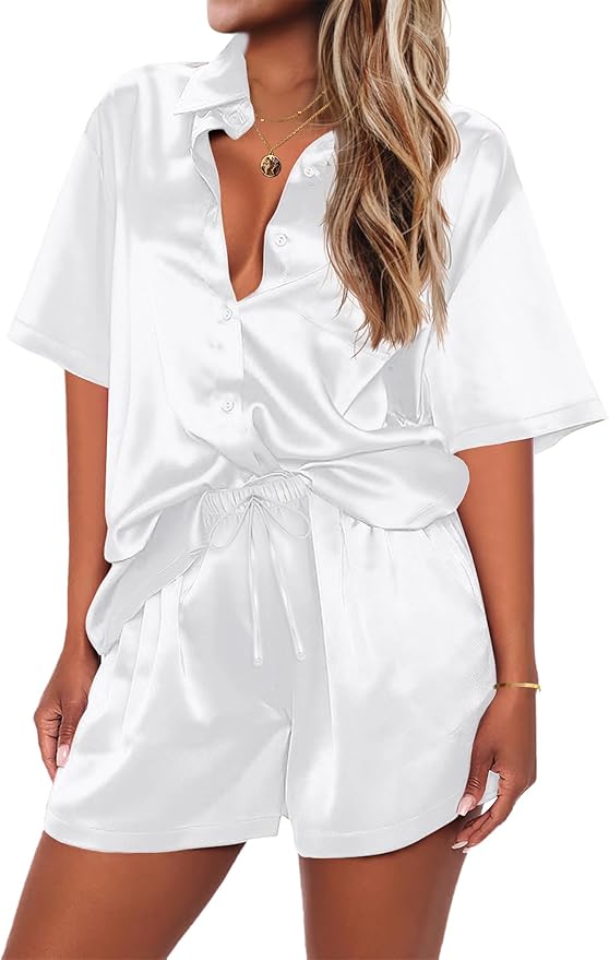 Ekouaer Pajamas for Women Silk Satin Pjs Soft Sleepwear Short Sleeve Button Down Pjs Top and Shorts 2 Piece Lounge Set S-XXL