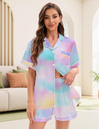 EPLAZA Silk Pajamas for Women Satin Pajamas Set 5 Pcs Long Sleeve Print Pattern Button Down Pjs Sleepwear Loungewear Set