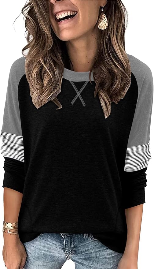 Magritta Women's Long Sleeve Leopard Color Block Tunic Comfy Crewneck T Shirt Tops Black XL