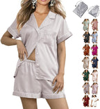 WJing Yi Jia Womens 3Pcs Floral Pajamas Sets Silk Satin Sleepwear XS~4XL Button Down Short Sleeve Shirt Pjs Loungewear