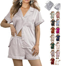 WJing Yi Jia Womens 3Pcs Floral Pajamas Sets Silk Satin Sleepwear XS~4XL Button Down Short Sleeve Shirt Pjs Loungewear