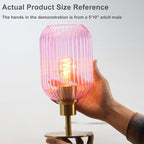 Mid Century Glass Table Lamp,Dimmable Desk Lamp,LED Bulb Included,Timer Build-in,Pink Ribbed Glass