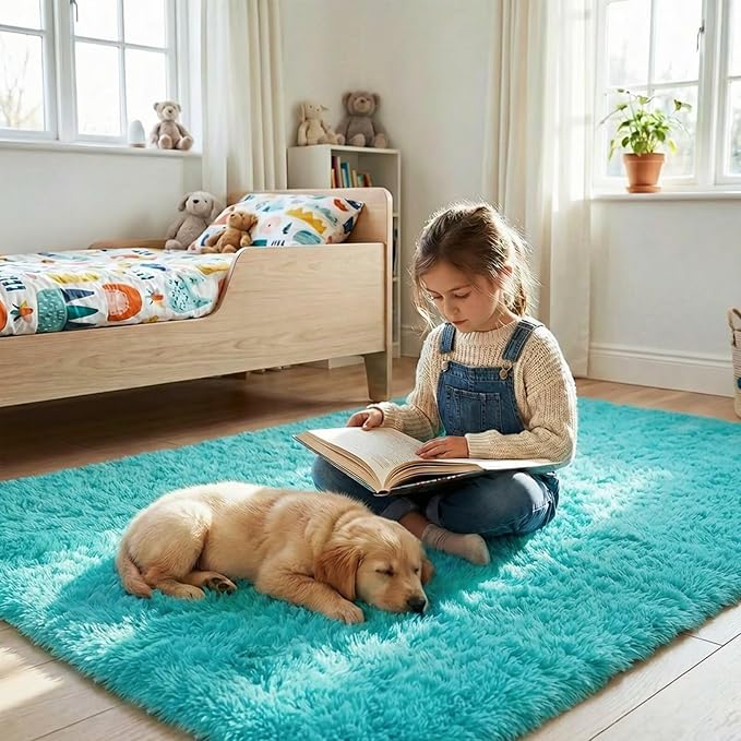 junovo Blue Washable Area Rug for Girls Bedroom Living Room, 5x8 Soft Non-Slip Fluffy Rugs, Shag Plush Memory Foam Carpet for Kids Room Baby Nursery Home Decor