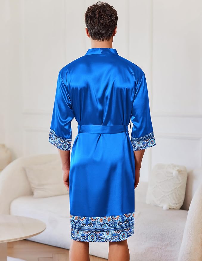 Ekouaer Mens Satin Robe Lightweight Silky Kimono Bathrobe 3/4 Sleeve Spa Knee Length Loungewear with Pockets S-3XL