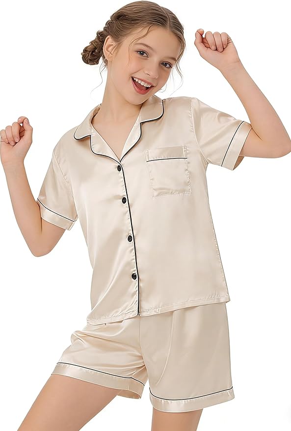 Hupohoi Unisex Girls Boys Kids Pajama Sets Button Down Satin Sleepwear Nighty 3PCS Silky Lounge Sets Nightwear
