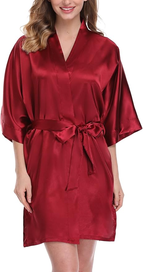 Women's Pure Color Satin Kimono Robe Short Bridesmaids Robe Dressing Gown