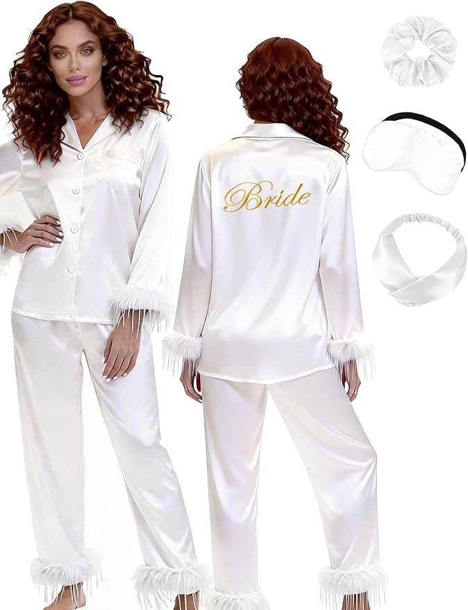 MORFORU Satin Pajama Set for Women Feather Trim Long Sleeve Pjs with Sleep Mask Headband Scrunchie Sleepwear Lounge Set