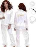 MORFORU Satin Pajama Set for Women Feather Trim Long Sleeve Pjs with Sleep Mask Headband Scrunchie Sleepwear Lounge Set