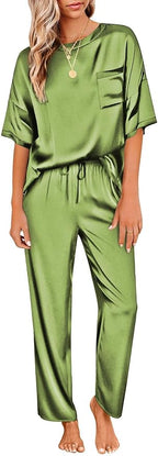 Ekouaer Womens Satin Silky Pajama Set Short Sleeve Shirt with Long Pajama Pant Set Soft PJ Loungewear