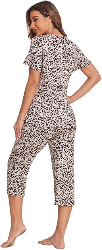 Ekouaer Women's Sleepwear Capri Pajama Sets Short Sleeve Two-Piece Pjs V Neck Tops & Capri Pants with Pockets S-3XL