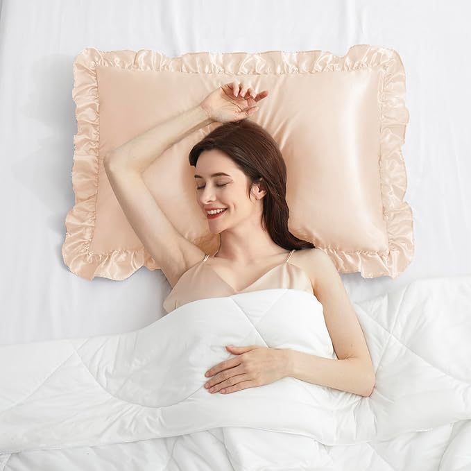 Silky Satin Ruffled Pillow Cases for Hair and Skin,Champagne Silk Pillowcases Queen Set of 2 with Envelope Closure Princess Room Decoration