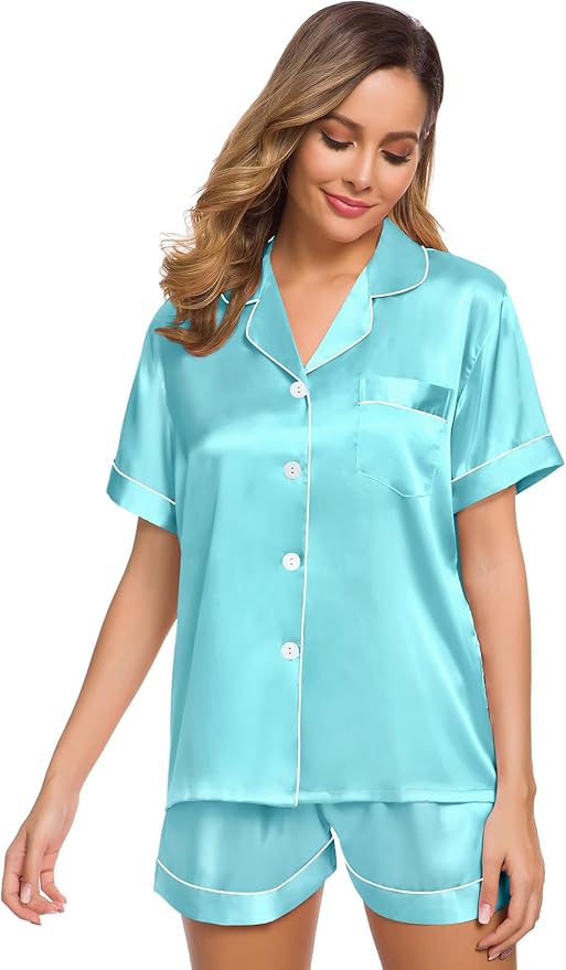 SWOMOG Womens Silk Satin Pajamas Set Short Sleeve Sleepwear Button Down Top and Shorts Loungewear 2 Piece Pjs Set XS-3XL