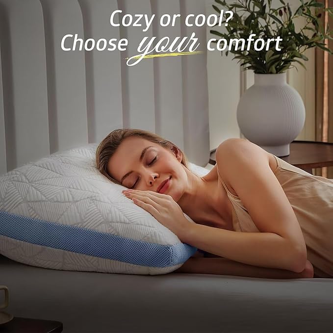 BETU Cooling Pillows Queen Size Set of 2, Shredded Memory Foam Cool Pillows for Hot Sleepers, Adjustable Firm Soft Support Bed Pillows Perfect for Back Neck Pain and Side Sleeping with Cover, Blue