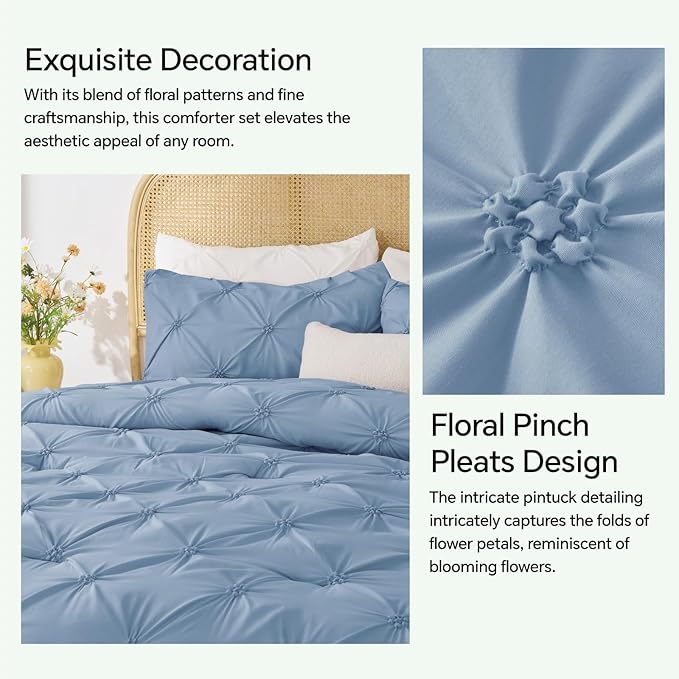 BEDELITE Cornflower Blue King Size Comforter Set - 3 Pieces Boho Pintuck Bedding Comforter Sets, Lightweight Soft & Warm King Bedding Set with 2 Pillowcases for All Season