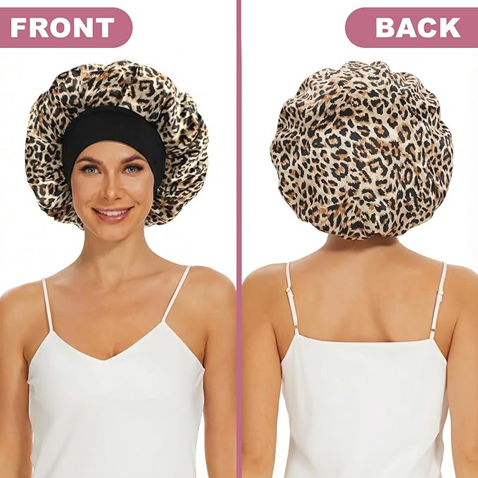 4Pcs Satin Bonnet Silk Bonnet, Hair Bonnet for Sleeping, Elastic Wide Band Silk Sleep Cap, Soft and Breathable(Leopard Print*4)