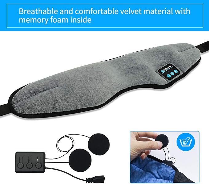 Wireless Sleep Mask,SKEYEOL Sleep Headphones,Adjustable&Washable Music Travel Sleeping Headset with Built-in Speakers Microphone Hands-Free for Air Travel,Siesta and Sleeping Grey
