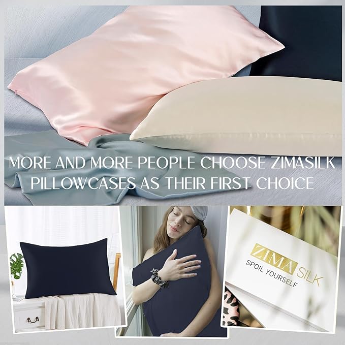 ZIMASILK 100% Pure Mulberry Silk Pillowcase for Hair and Skin Health,Soft and Smooth,Both Sides Premium Grade 6A Silk,600 Thread Count,with Hidden Zipper,1pc(Standard 20''x26'',Navy Blue)