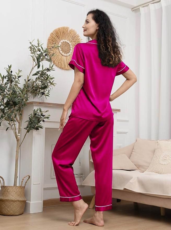 WJing Yi Jia Womens Pajamas Set XS-4XL Floral Silk Satin Pajama Sets Silky Pj Sets 2Pcs Loungewear Sleepwear Button Down Pjs