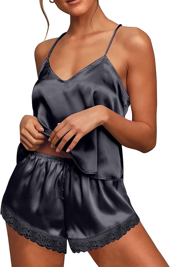 Ekouaer Satin Pajamas Women Lace Sleepwear Lingerie Cami Shorts Set Nightwear XS-XXL