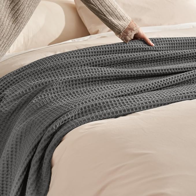 PHF Ultra Soft Waffle Weave Throw Blanket 50"x 60"- Washed Lightweight Breathable Cozy Woven Blanket for Bed - Aesthetic Decor for Couch Bedding Sofa Home Car - Grey