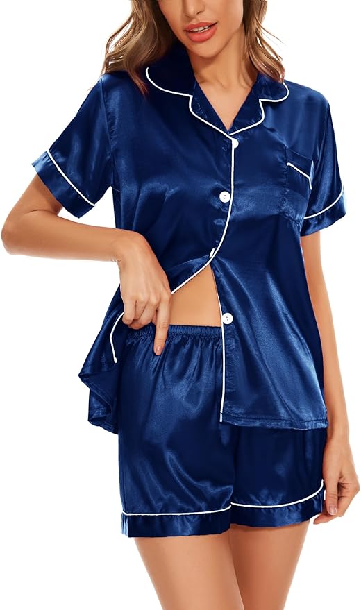 Women's Silk Pajama Set Short Sleeve Sleepwear Satin Button Down Pj Tops and Shorts 2 Piece Loungewear