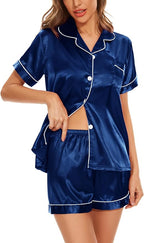 Women's Silk Pajama Set Short Sleeve Sleepwear Satin Button Down Pj Tops and Shorts 2 Piece Loungewear