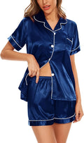 Women's Silk Pajama Set Short Sleeve Sleepwear Satin Button Down Pj Tops and Shorts 2 Piece Loungewear