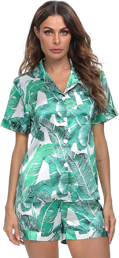 SWOMOG Womens Silk Satin Pajamas Set Short Sleeve Sleepwear Button Down Top and Shorts Loungewear 2 Piece Pjs Set XS-3XL