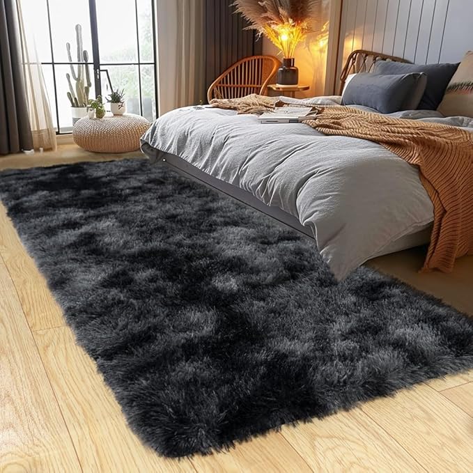 KING DARE Shag Runner Rug 2x6, Soft Fluffy Bedroom Runner Rug Bedside, Non-Slip Washable Plush Fuzzy Carpet for Dorm Girls Boys Kids Room Indoor Decor, Black and Dark Gray