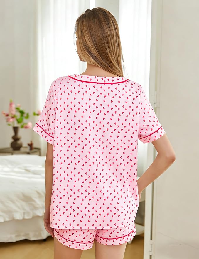 ASTANFY Valentines Day Pajamas Women 2 Piece Silk Valentine Pjs Cute Heart Pajamas V Neck Satin Sleepwear Loungewear Set