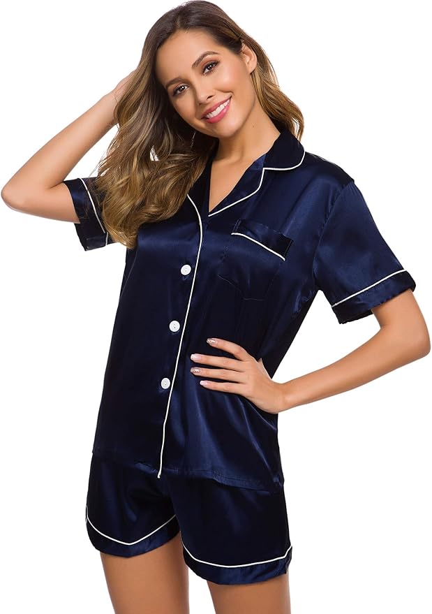 SWOMOG Womens Silk Satin Pajamas Set Short Sleeve Sleepwear Button Down Top and Shorts Loungewear 2 Piece Pjs Set XS-3XL