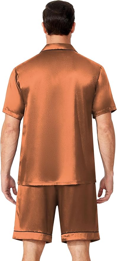 Ekouaer Mens Pajamas Set Silk Satin Sleepwear Short Sleeve Button Down Pjs Set 2 Piece Loungewear with Pockets S-XXL
