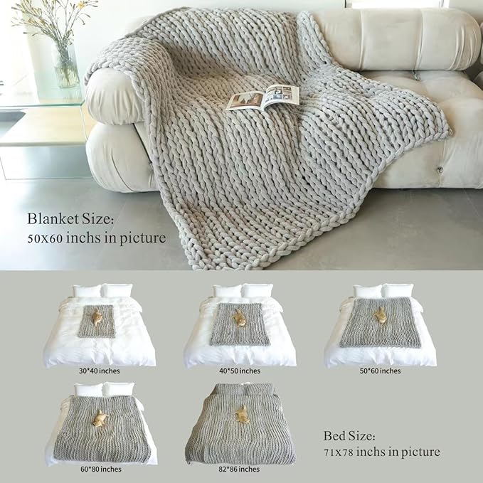 Maetoow Chenille Chunky Knit Blanket Throw （50×60 Inch）, Handmade Warm & Cozy Blanket Couch, Bed, Home Decor, Soft Breathable Fleece Banket, Christmas Thick and Giant Yarn Throws, Light Pink
