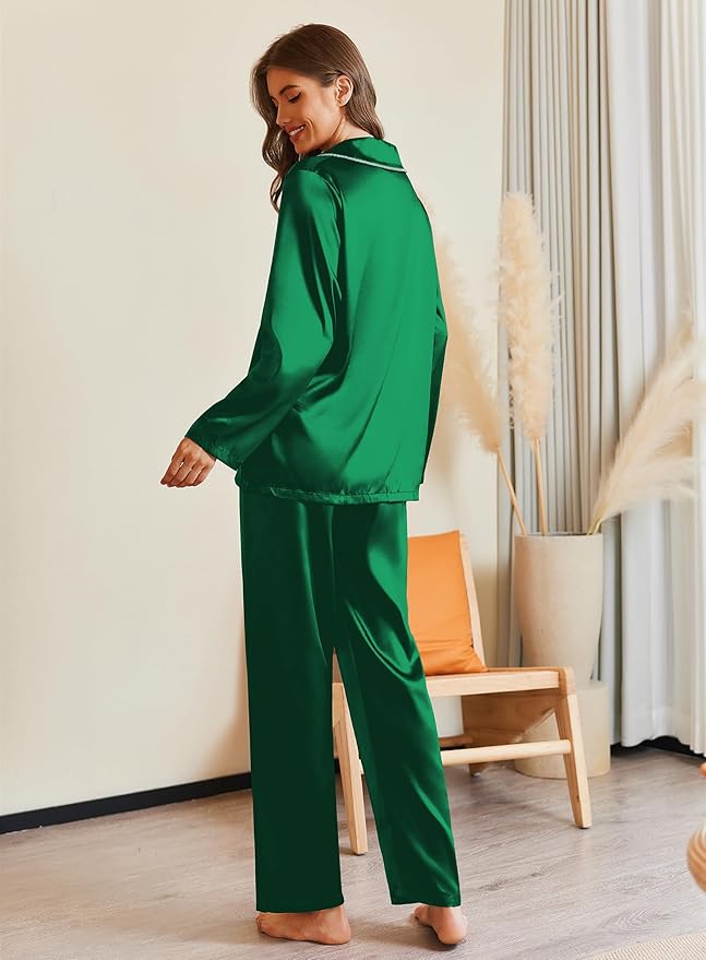 Ekouaer Pajamas For Women Set Silk Pjs 2 Piece Satin Sleepwear Long Sleeve Button Down Lounge Sets With Pant