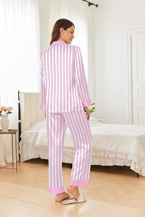 Ekouaer Silk Pajamas for Women Long Sleeve Satin Pajama Set Silky Pj Sets 2 Piece Button Down Loungewear Sleepwear