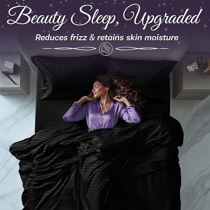 SLEEP SANCTUARY Satin Sheets King Size – 4 Piece Luxury Silky Bed Set, Softer Than Silk, 15" Deep Pocket, Cooling & Wrinkle-Free, Moisture-Wicking & Breathable for Hair & Skin (Striped Black)