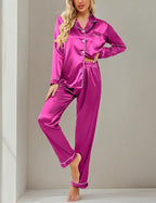 Ekouaer Women's Classic Button Down Long Satin Silk Pajama Set