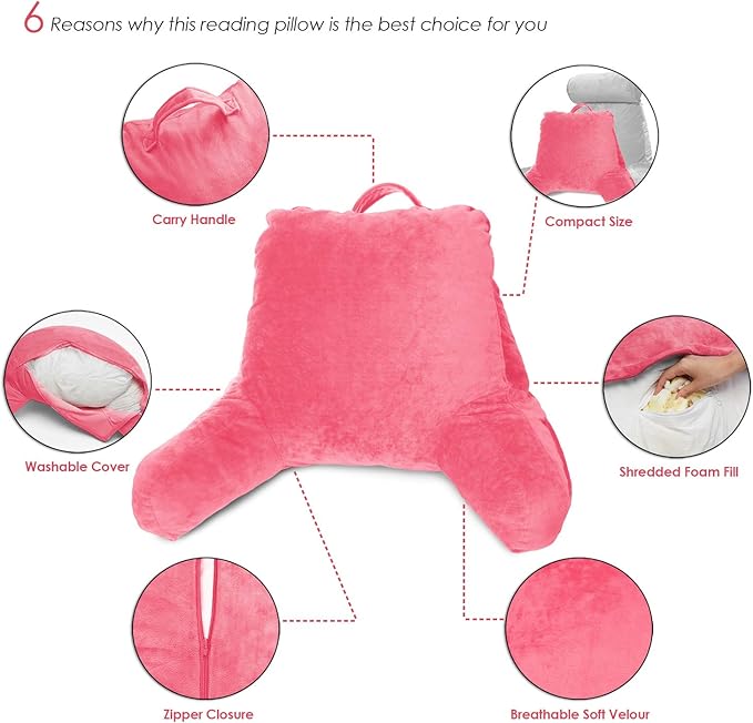 Clara Clark Reading Pillow for Kids & Teens with Shredded Memory Foam, Backrest Pillows for Reading, Watching, and Gaming, Use on The Couch, Bed, or Floor, Adjustable Support Washable Cover Light Pink