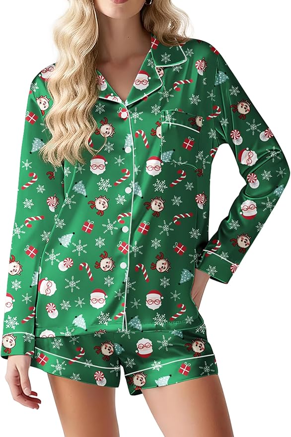 Ekouaer Satin Pajama Set for Women Button Down Pj Set Long Sleeve Top and Shorts 2 Piece Loungewear Summer Soft Sleepwear