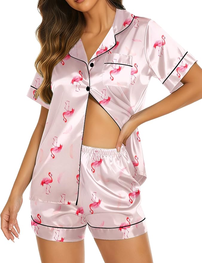 Ekouaer Silk Pajamas for Women Short Sleeve Sleepwear Soft Button Down Loungewear 2 Piece Satin Pjs Shorts Set