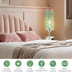 Hong-in Green Crystal Lamp Touch Control Set of 2, Crystal Table Lamps with USB C+A Ports & AC Outlet, 3-Way Dimmable Nightstand Touch Lamp, Modern Bedside Table Lamp for Bedroom(Bulbs Included)