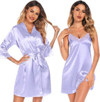 SWOMOG Women's Satin Robe Set 2 Piece Sexy Pajamas Sets Lace Cami Nightgown and Silk Robes Nightwear