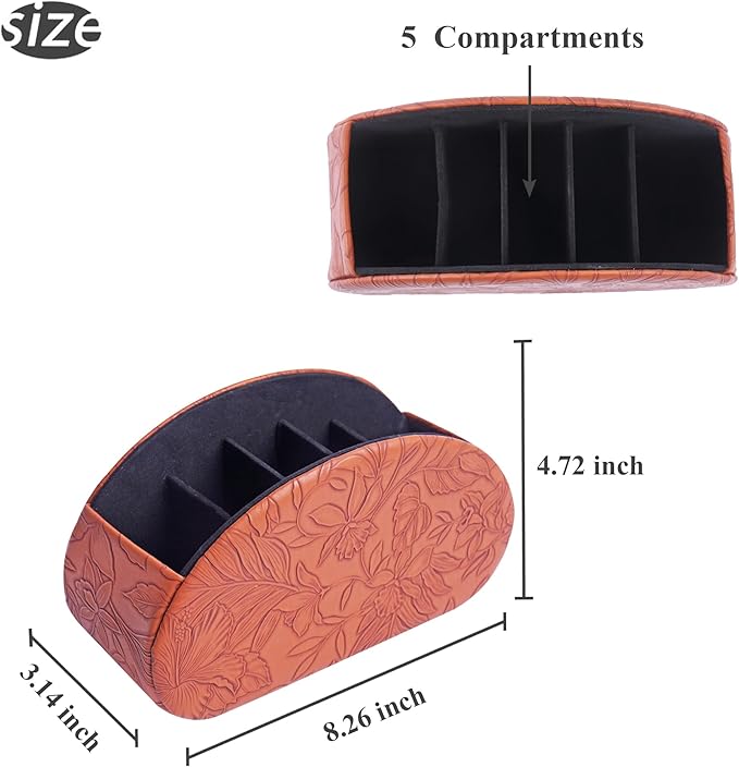 QIELIZI Remote Control Holder, PU Leather Remote Caddy Desktop Organizer with 5 Spacious Compartments for TV Remotes/Media Controllers/Office Supplies (1-Carved Brown