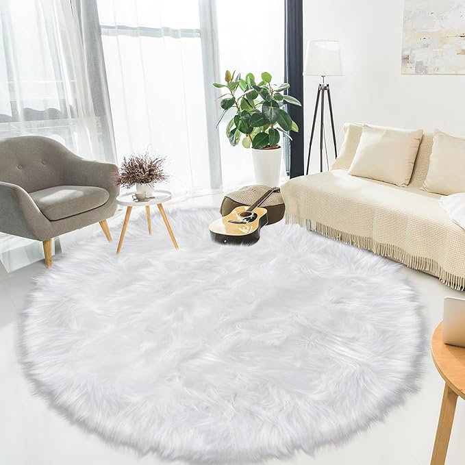 6ft Sheepskin Faux Fur White Round Rugs for Bedroom Living Room, Fluffy White Circle Rug for Kids Room Furry Shaggy Circular Carpet for Teen Girls Room Non-Slip