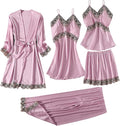 Women's 4pcs Silk Satin Pajamas Set Floral Lace Trim Dress with Robe Lounge Sleepwear Nightdress Novelty Loungewear