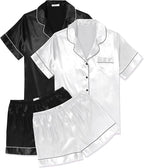 Ekouaer 2 Pack Pajama Sets for Women Silk Satin Pj Short Sleeve Button Down Sleepwear Top and Shorts Summer Lounge Set S-XXL