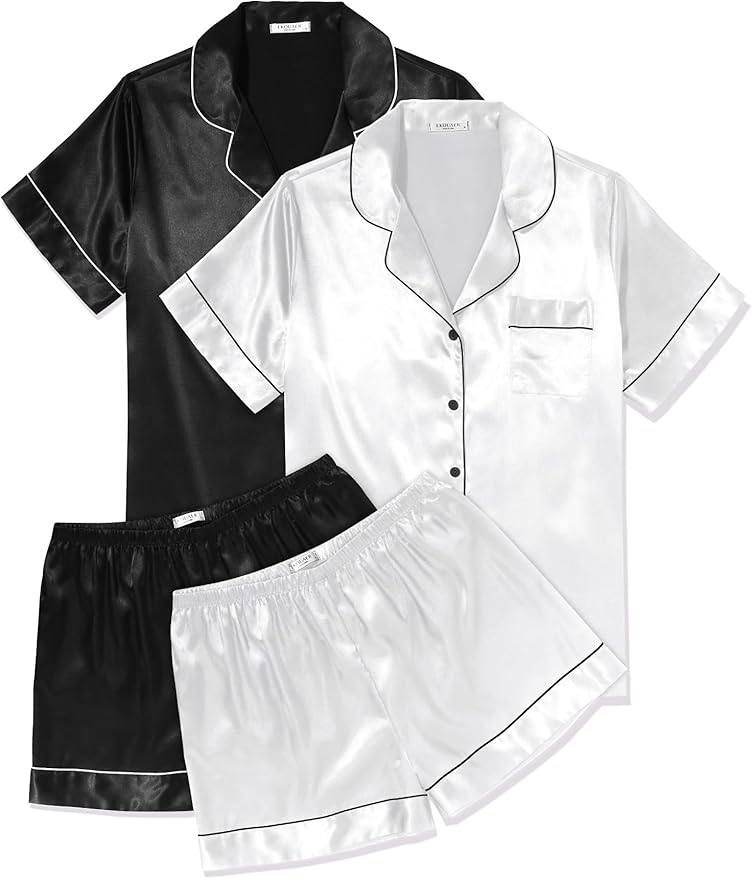 Ekouaer 2 Pack Pajama Sets for Women Silk Satin Pj Short Sleeve Button Down Sleepwear Top and Shorts Summer Lounge Set S-XXL