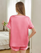 Silk Pajamas for Women Short Sleeve Satin 2 Piece Pj Set Soft V Neck Sleepwear Loungewear, S-XXL
