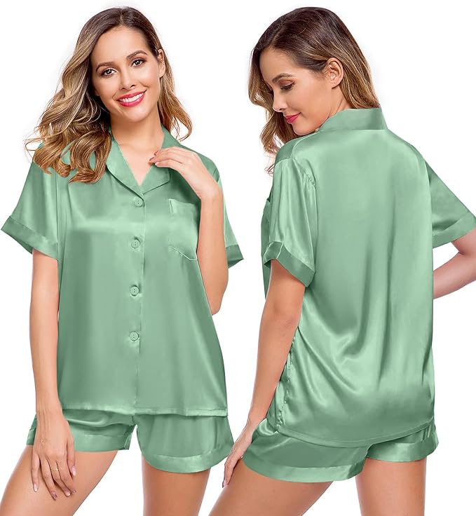 LecGee Womens Silk Satin Pajamas Short Sleeve Loungewear Two-Piece Sleepwear Button-Down Pj Set